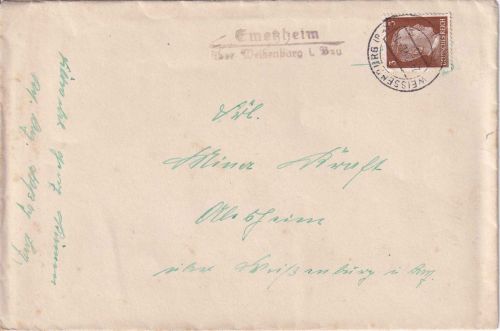 DR - Emetzheim ü. Weißenburg i. Bay. Landpost-L2 Drucksache n. Alesheim 1941