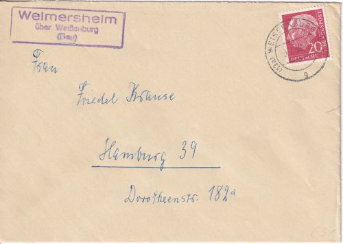 BRD - Weimersheim ü. Weißenburg (Bay) Landpost-Ra3 Brief n. Hamburg 1959