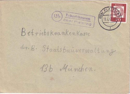 BRD - (13b) Tabertshausen ü. Plattling Landpost-Ra2 Brief n. München 1962