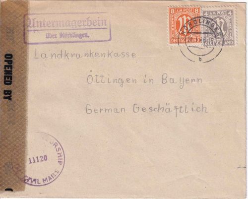 AM-Post - Untermagerbein ü. Nördlingen Landpost-Ra2 Zensurbrief n. Öttingen 1946
