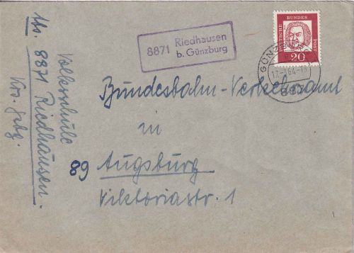 BRD - 8871 Riedhausen b. Günzburg Landpost-Ra1 Brief n. Augsburg 1964