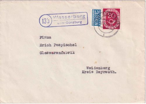 BRD - (13b) Wasserburg ü. Günzburg Landpost-Ra2 Brief n. Weidenberg 1952
