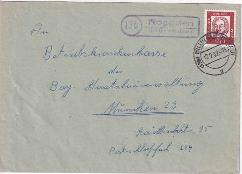 BRD - (13b) Roggden ü. Dillingen (Donau) Landpost-Ra2 Brief n. München 1962