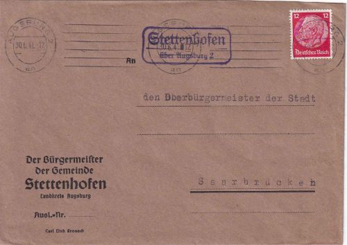 DR - Stettenhofen ü. Augsburg 2 Landpost-Ra2 Brief n. Saarbrücken 1941