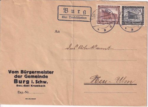 DR - Burg ü. Dinkelscherben Landpost-Ra2 Brief n. Neu-Ulm 1936