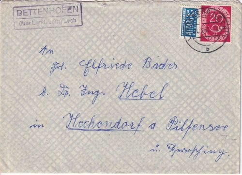 BRD - Dettenhofen ü. Landsberg (Lech) Landpost-Ra2 Brief n. Hechendorf 1952