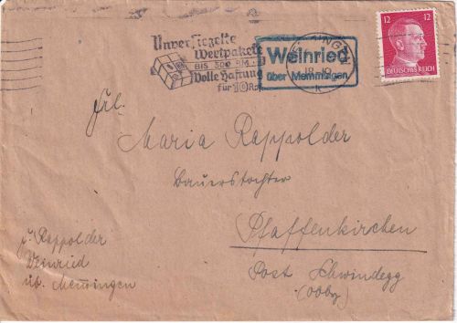 DR - Weinried ü. Memmingen Landpost-Ra2 Brief n. Pfaffenkirchen 1943