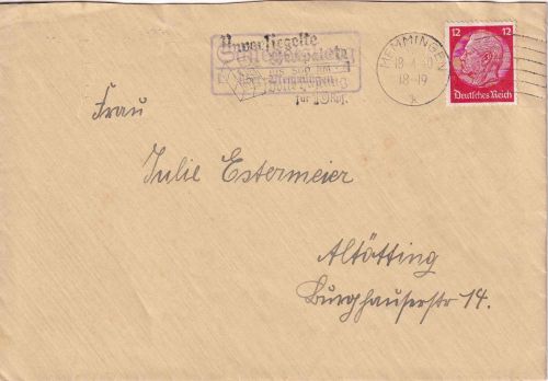 DR - Schlegelsberg ü. Memmingen Landpost-Ra2 Brief n. Altötting 1940