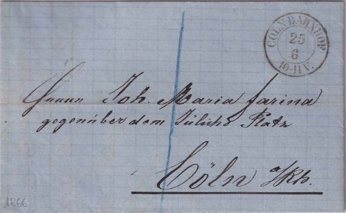 Preussen - Cöln Bahnhof 25/6 (1866) Orts-Portobrief m. Inhalt