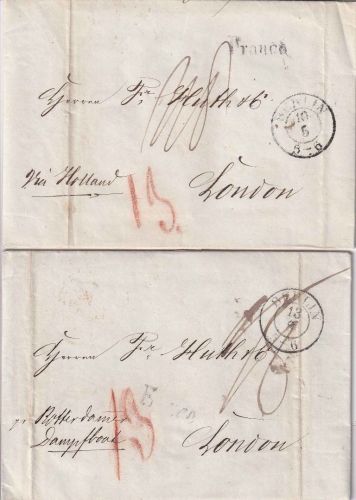 Preussen - Berlin 10/5 + 13/8 (1842) 2 Francobriefe n. ENGLAND "via Holland"