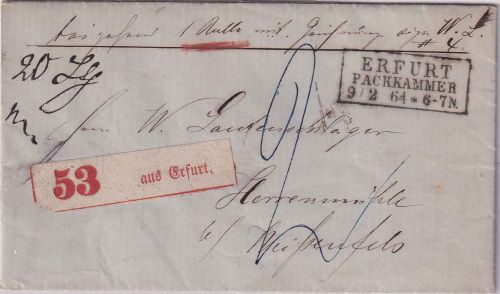 Preussen - Erfurt Packkammer 9/2 64 Ra3 Paketbegleitbrief n. Herrenmühle