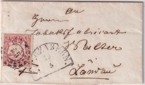 Bayern - 3 Kr. Wappen geschn. oMR 45 HKS Bergzabern 19/5 Brief n. Landau 1868