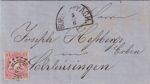 Bayern - 3 Kr. Wappen geschn. oMR 835 HKS Burgpreppach 5/6 Brief 1867
