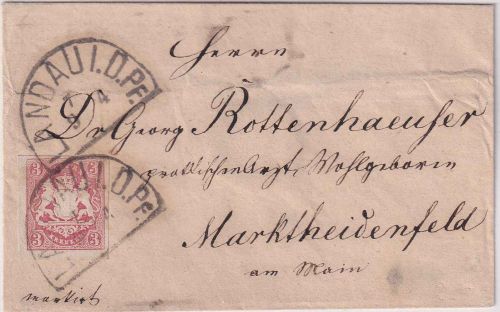 Bayern - 3 Kr. Wappen geschn. HKS Landau i.d. Pf 9/4 Brief n. Marktheidenfeld