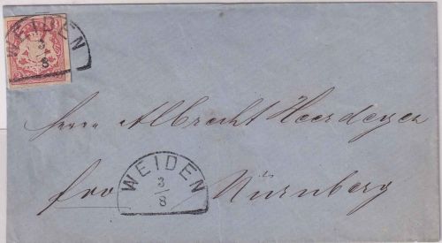 Bayern - 3 Kr. Wappen geschn. Briefstück a. Brief ! HKS Weiden - Nürnberg 1869