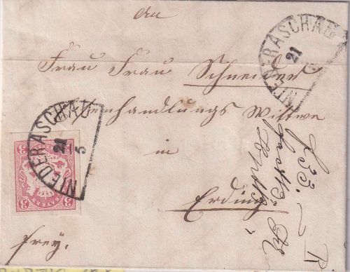 Bayern - 3 Kr. Wappen geschn. Brief HKS (2x) Niederaschau 21/5 n. Erding (1869)