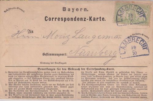 Bayern - 2x1 Kr. Wappen gez. Correspondenz-Karte blauer HKS Lambrecht 18/10