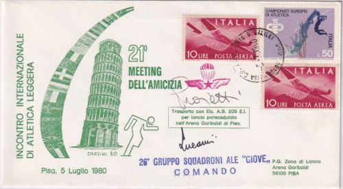 Italien - Fallschirmpost Pisa 1980 Schmuckbrief m. Springerunterschriften
