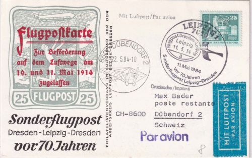 DDR - Leipzig 1984 70 Jahre Sonderflugpost Dresden/Leipzig/Dresden Sonderkarte