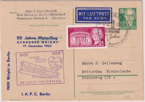 DDR - 10 Pfg. Bebel Ganzsache priv. Zudruck 50 J. Motorflug Gebr. Wright 1953