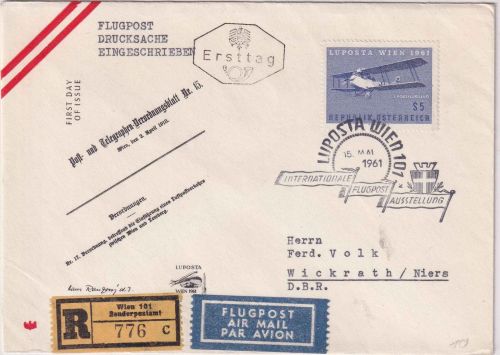 Österreich - Wien Luposta 1961 Flugpost-R-Drucksache/FDC mit ESST