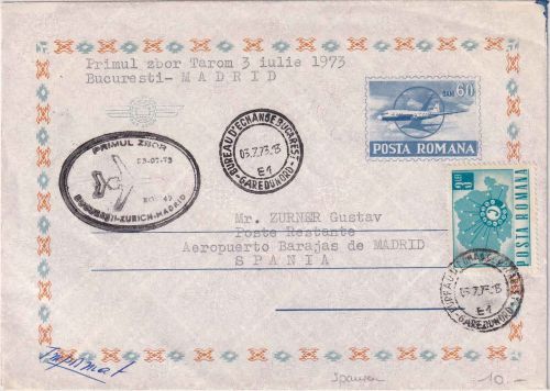 Rumänien - TAROM Firstflight Bukarest-Zürich-Madrid 1973 60 L. Lupo-Ganzsache