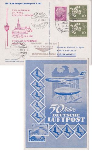 BRD - 50 J. Dt. Luftpost Sonderkarte ab Stuttgart-Flughafen n. DÄNEMARK 1962
