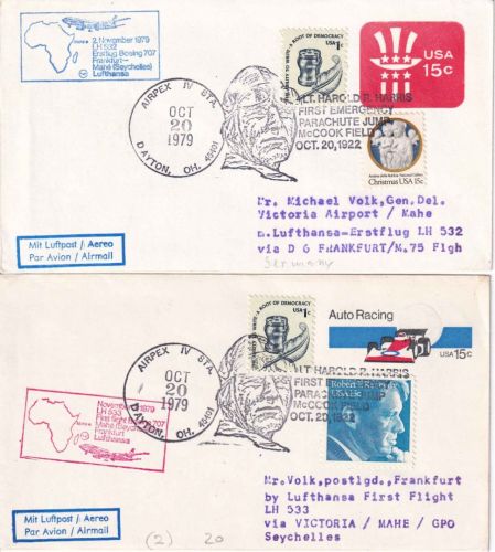 USA - 1st Emergency Parachute Jump 1922 SST 2x Luftpostbrief Dayton AIRPEX 1979