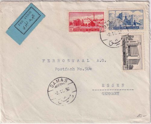Syrien - 50 Pia. Hauptpost u.a. Luftpostbrief Damas - Essen 1952