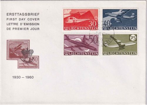Liechtenstein - 30 Jahre Flugpostmarken Satz Schmuck-FDC Vaduz 7. IV. 60