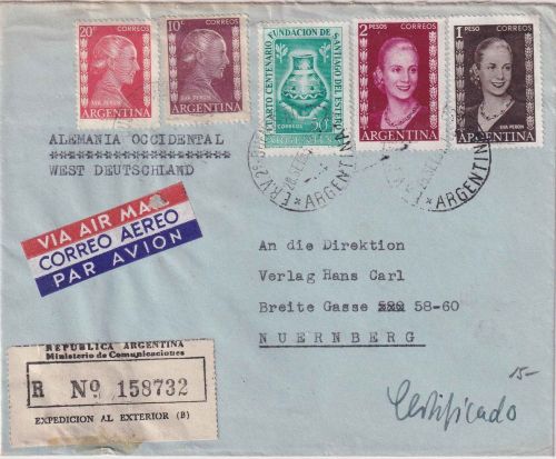 Argentinien - 2 P. Eva Peron u.a. Luftpost-Einschreibebrief Buenos Aires 1953