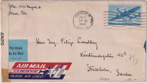USA - 30 C. Luftpostausgabe Lupo-Zensurbrief n. SCHWEDEN Denver - Stockholm 1944