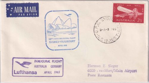 Australien - 2 Sh. 3 P. 50 J. Postflug LH-Erstflug Sydney - Frankfurt a/M 9.4.65