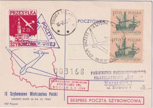 Polen - Segelflugpost Leszno 1963 IX. Segelflugmeisterschaft Sonderkarte m. SST