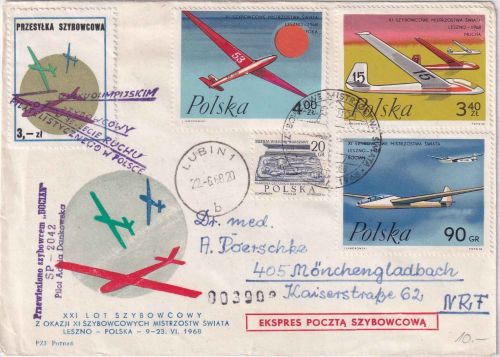 Polen - Segelflugpost Leszno 1968 XI. Segelflugmeisterschaft Schmuckkuvert SST