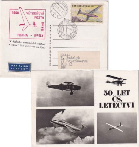CSSR - Segelflugpost 29.9.68 Prag - Kbely Sonderkarte 50 Jahre CZ-Luftfahrt