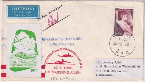 Finnland - Zuleitungspost Postsegelflug Elchingen Hornberg 1958