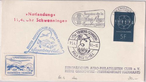 Luxemburg - Postsegelflug Elchingen Triberg Notlandung Zuleitungspost 1960