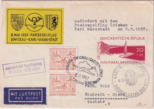 DDR - Zwickau/Karl-Marx-Stadt Postsegelflug 1957 Lupobrief 2xSST+Vignette