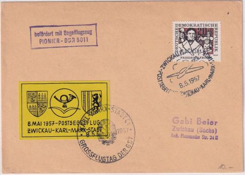 DDR - Zwickau/Karl-Marx-Stadt Postsegelflug 1957 Beförderungs-Ra2 2xSST+Vignette