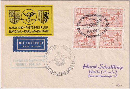 DDR - Zwickau/Karl-Marx-Stadt Postsegelflug 1957 Beförderungs-Ra2 2xSST+Vignette