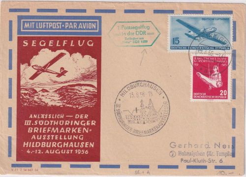 DDR - Meiningen/Hildburghausen 1. Postsegelflug "Baby DDR 1509" 1956