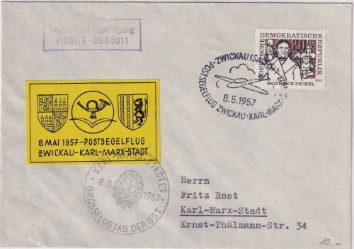 DDR - Zwickau/Karl-Marx-Stadt Postsegelflug 1957 Beförderungs-Ra2 2xSST+Vignette