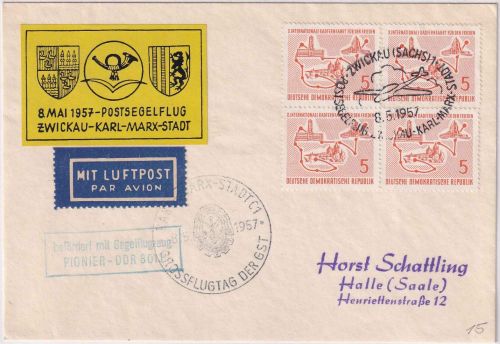 DDR - Zwickau/Karl-Marx-Stadt Postsegelflug 1957 Beförderungs-Ra2 2xSST+Vignette