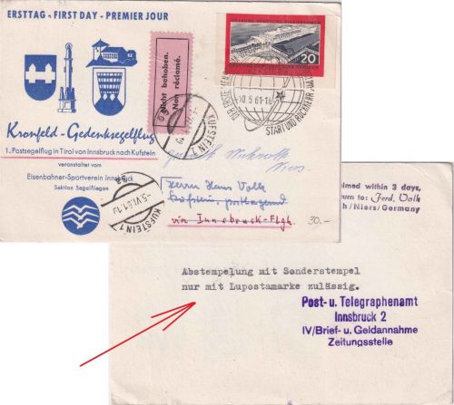 DDR - Kronfeld Gedenksegelflug Innsbruck Kufstein Zuleitungspost 1961