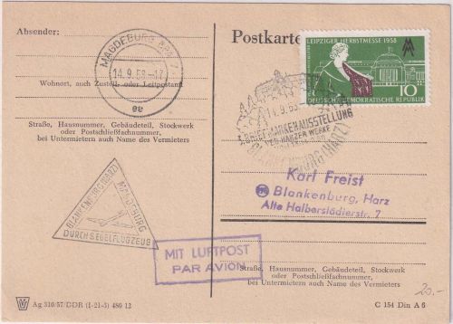 DDR - Blankenburg/Magdeburg Postsegelflug Briefmarkenausstellung Karte SST 1958
