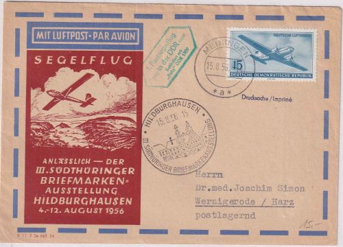 DDR - Meiningen/Hildburghausen 1. Postsegelflug "Baby DDR 1509" 1956