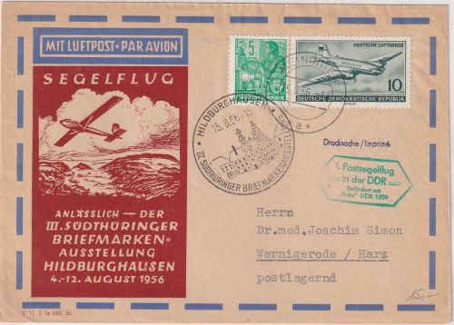 DDR - Meiningen/Hildburghausen 1. Postsegelflug "Baby DDR 1509" 1956