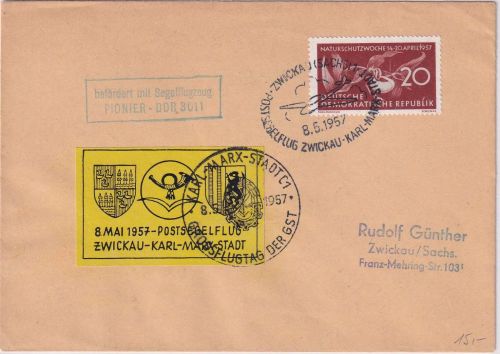 DDR - Zwickau/Karl-Marx-Stadt Postsegelflug 1957 Beförderungs-Ra2 2xSST+Vignette