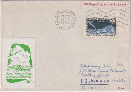Frankreich - Postsegelflug Elchingen Hornberg unbearbeitete Zuleitungspost 1960